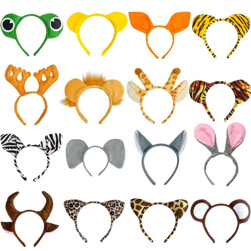 Flying Childhood 16Pcs Jungle Animal Ears Headbands as Safari Party Favors Wild One Birthday Decorations Plush Animal Headpiece for Kids Adults