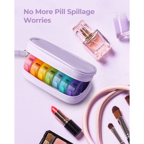 AMOOS Cute Pill Organizer 2 Times a Day, PU Leather Pill Case for Women, Portable Weekly Pill Box for Purse with Storage Bag to Hold Vitamins/Medications/Fish Oils/Supplements, Purple