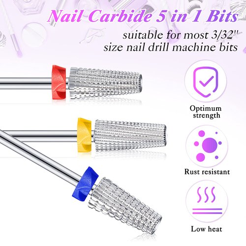 3 Pieces Nail Carbide 5 in 1 Bit Multi-function Tapered Shaping Nail Drill Carbide Nail Drill Bit Use for both Left to Right Handed, 3/32 Inch Nail Bit for Fast Remove Acrylic Gel Nail (Silver)