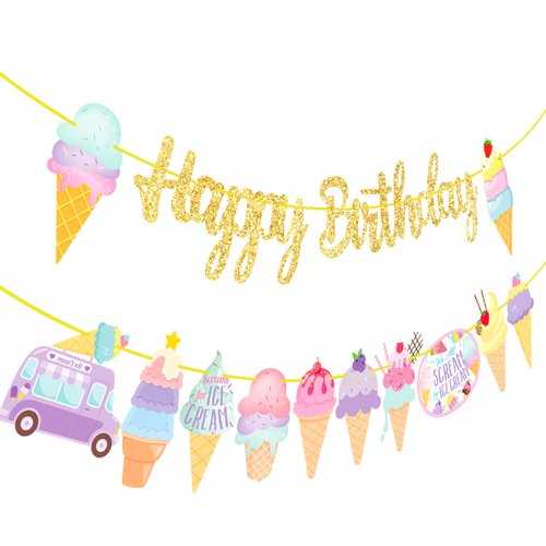 Ice Cream Happy Birthday Banners Glitter Sweet Summer Ice Cream Party Decorations 2Pcs Ice Cream Desserts Banners Ice Cream Theme Decoration Favors for Cool Summer Baby Shower Supplies