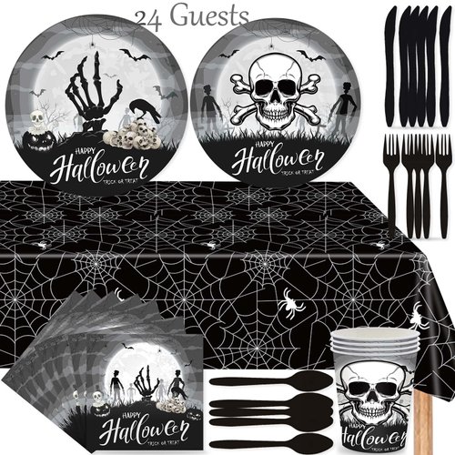 Halloween Party Supplies Tableware Set 169 Pcs, Halloween Skull Themed Plates Cups Napkins Knives Forks Spoons Tablecloth for Halloween Party Halloween Birthday Halloween Table Decorations - Black