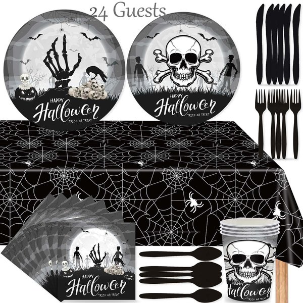 Halloween Party Supplies Tableware Set 169 Pcs, Halloween Skull Themed Plates Cups Napkins Knives Forks Spoons Tablecloth for Halloween Party Halloween Birthday Halloween Table Decorations - Black