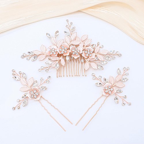 Oriamour Wedding Side Combs Handmade Bridal Hair Pins Set Rhinestone Bridal Comb Flower Clip Head Pieces for Women Set of 3 Rose Gold