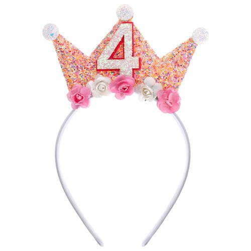 Crown Headband for girl 4th Birthday Girl Crown Headband Princess Tiara Headband Glitter Hair Band Birthday Tiara Flower Princess Crown Headband for Birthday Girls 4th Birthday Headband