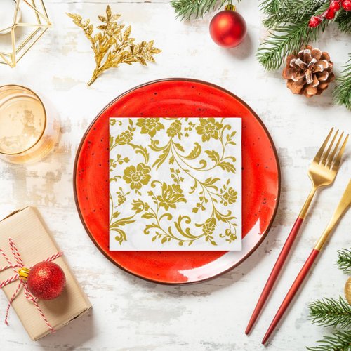 BLUE PANDA 100-Pack Decorative Floral Paper Napkins - Disposable White and Gold Napkins for Wedding Reception, Birthday, Anniversary Party Supplies (6.5x6.5 Inches)