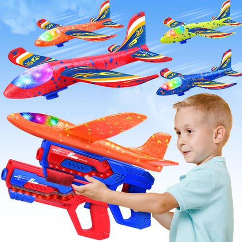Boys Toys, Flying Toys for 4 5 6 7 8 9 10 11 12 Years Old - Airplane Launcher Toys- 4 LED Foam Glider Planes & 2 Launchers with 2 Flight Modes, Outdoor Toys Birthday Gifts for Age 4-8 8-13 Kids