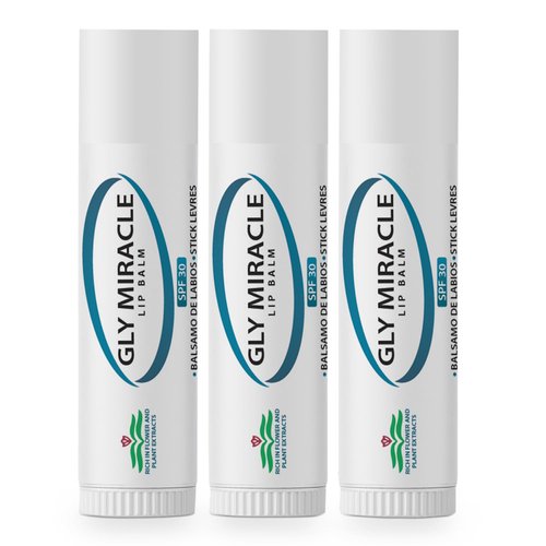 GLY MIRACLE Moisturizing Lip Balm Bundle of Three (3) SPF 30 Natural Elixir of Aloe Vera, Bees Wax, Coconut Oil, Lanolin, Shea Butter to help repair, protect, nourish and soften lips