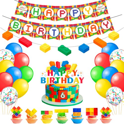 Block Party Decorations, 53 Pcs Building Blocks Birthday Decorations Set, Building Block Birthday Balloons Building Block Banner Cake Topper etc Colorful Building Block Birthday Party Supplies