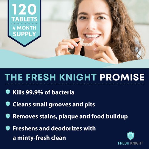 Retainer Cleaner, Denture Cleaner (120 Tablets) Removes Cloudiness, Brightens and Freshens Clear Aligners, Retainers, Night Guards, Mouth Guards, Dental Appliances, Fresh Knight