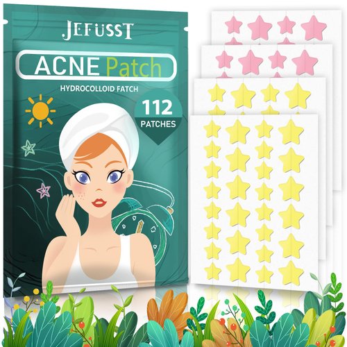 Jefusst Acne Pimple Patch 112 Counts, Invisible Hydrocolloid Yellow & Pink Star-Shaped Acne Patch with Tea Tree Oil & Calendula Oil, Acne Spot Healing Patch Zit Patches for Face