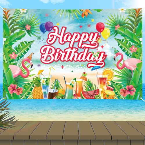 Summer Flamingo Party Happy Birthday Banner,Hawaiian Beach Flamingo Birthday Backdrop Decoration 71x45inch Tropical Luau Flamingo Pineapple Fruit Backdrop Banner for Summer Birthday Party Supplies