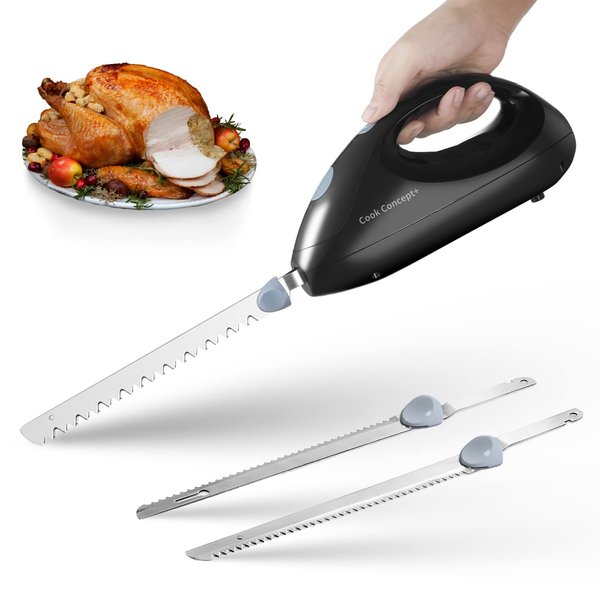 Cook Concept Electric Knife for Carving Meat, Fish, Turkey, Bread, Bone Cutting, Crafting Foam and More. 2 Interchangeable 8" Serrated Stainless Steel Blades,Fast Slicing,Lightweight,Thanksgiving gift