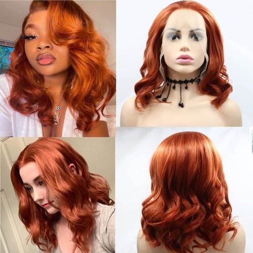 xiweiya Wig Short Auburn Cooper Red Wig Curly Synthetic Lace Front Wigs Heat Resistant Fiber Red Color Soft Nature Wave Wig with Wig Cap for Women, Drag Queen Cosplay Mera Aquaman Wig 16 Inch