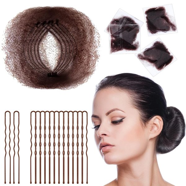Zonon 50 Pcs Hair Nets Invisible 40 Pcs U Shaped Pins Set, 27.56 Inch Brown Hair Nets for Buns Individual Package Invisible Fluffy Hair Pad for Ballet Bun, Sleeping, Women and Wig