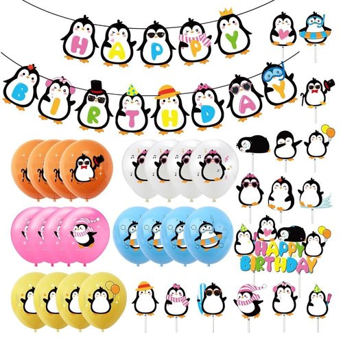Uniquer Penguin Theme Birthday Party Decoration, Happy Birthday Penguin Banner Latex Balloons Cake Topper, Party Supplies