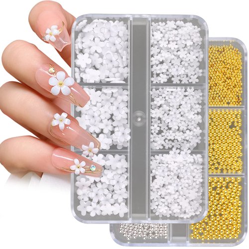 TOROKOM 3D Flower Nail Art Charms, White Acrylic Flower Rhinestones Metal Caviar Beads Nail Supplies Decorations for Women Girls Nail DIY