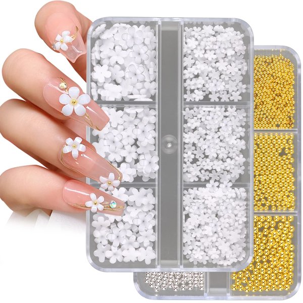 TOROKOM 3D Flower Nail Art Charms, White Acrylic Flower Rhinestones Metal Caviar Beads Nail Supplies Decorations for Women Girls Nail DIY