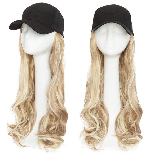S-noilite 16" Baseball Cap with Hair Baseball Hats with Hair Attached Curly Wavy Cap Wig with Hair Extensions Adjustable Culry Baseball Hat Wig for Women (16" -Curly, Sandy Blonde & Bleach Blonde)