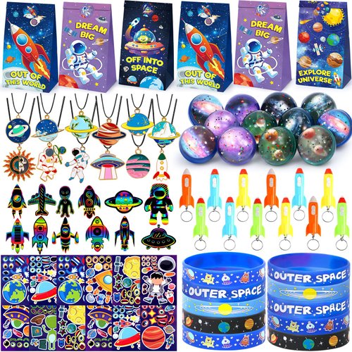 SNLN 84Pcs Outer Space Party Favors Astronaut Birthday Supplies Bag Bouncy Ball Scratch Paper Nec...