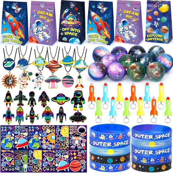 SNLN 84Pcs Outer Space Party Favors Astronaut Birthday Supplies Bag Bouncy Ball Scratch Paper Necklace Silicone Bracelet Diy Sticker Goodie Bag Stuffer Kids Boys Galaxy Themed Party Favors