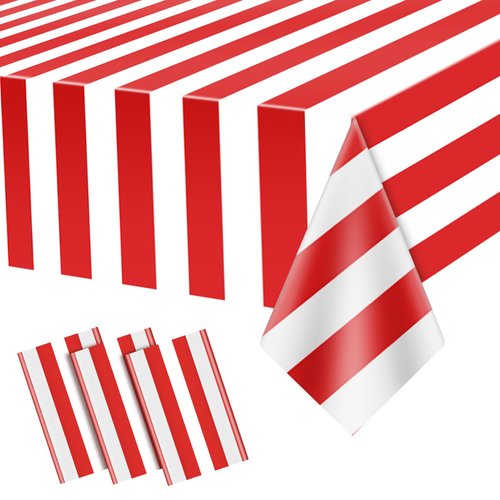 Carnival Theme Party Decorations Tablecloths, Circus Plastic Table Covers Rectangle Disposable Red and White Striped Tablecloth Supplies for Kids Birthday Movie Night Christmas, 87'' x 51'', 3pcs