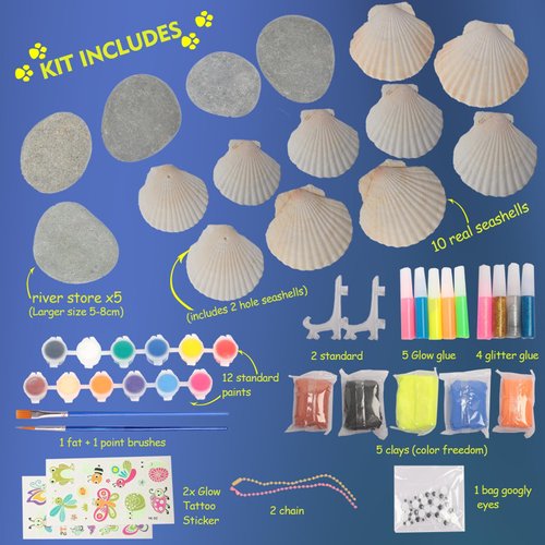 Lymoc Rock Painting Kit,Seashell Painting Kits 50 Pcs Mix Arts and Crafts Activities Gift for Kids Ages 6-12, with 21 Paints Creative Art Toys for 4, 5, 6, 7, 8, 9, 10, 11 12 Year Old Kids
