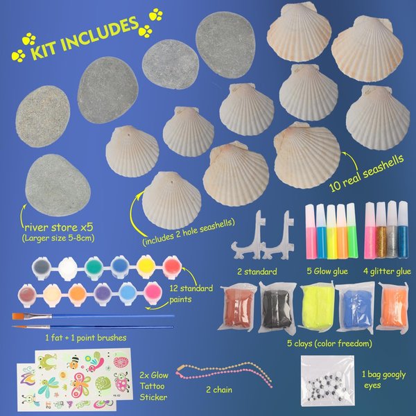 Lymoc Rock Painting Kit,Seashell Painting Kits 50 Pcs Mix Arts and Crafts Activities Gift for Kids Ages 6-12, with 21 Paints Creative Art Toys for 4, 5, 6, 7, 8, 9, 10, 11 12 Year Old Kids