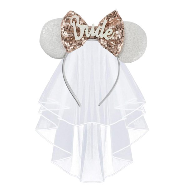 JIAHANG Bride Letters Mouse Ear Hair Bow Headband with Bridal Veil, Honeymoon Wedding Ears, Bachelorette Party Headpiece for Women Girls (ZZbride)