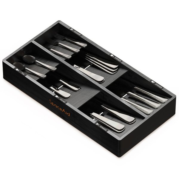 SpaceAid Bamboo Silverware Drawer Organizer with Labels, Kitchen Utensil Tray Holder Organizer for Flatware, Cutlery, Spoon and Knives Drawer Storage Organization (Black, 6 Slots)