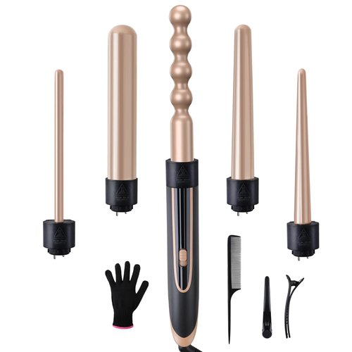 Erokicysh 5-in-1 Interchangeable Curling Iron Set - Instant Heat-Up, Ceramic Wands (0.35-1.25 Inch), Beach Waver for Short and Long Hair Styling