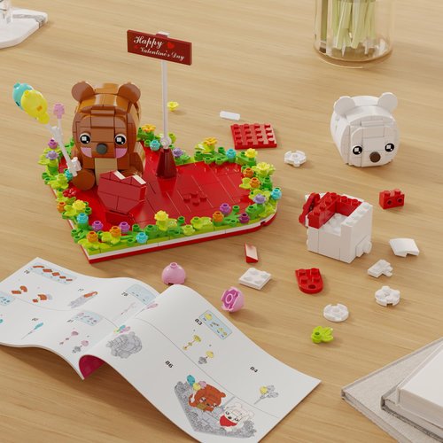 amireed Valentine's Brown and White Bear Toys, Love Heart Ornament Frame Building Blocks Set, Valentine's Day Gift Bricks Toy School Classroom Gift Exchange for Kids