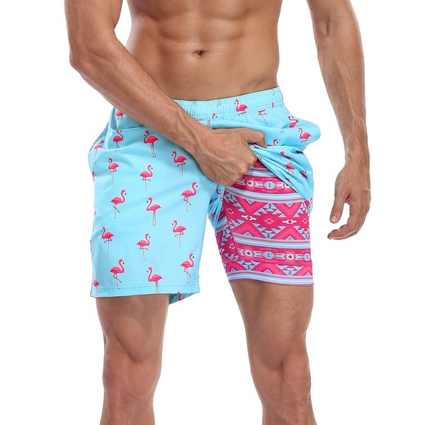 LRD Men's Swim Trunks with Compression Liner 7 Inch Inseam Quick Dry Swim Shorts Party Like a Flock Star/Tribal - L