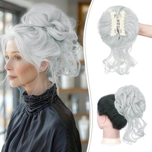 SOFEIYAN Claw Clip Messy Bun Hair Piece Curly Wavy Hair Bun Clip in Claw Chignon Ponytail Extensions Synthetic Tousled Updo with Tendrils Hairpieces Accessories Scrunchies for Women, Silver Grey