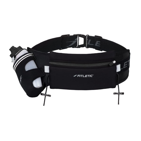 Fitletic Hydration Running Belt With 12oz Quick Flow Water Bottle For Men & Women –Race Belt, Gel Holders & Bib Toggles Patented Bounce Free Design, Water Resistant- Fits All Phones – Fully Loaded