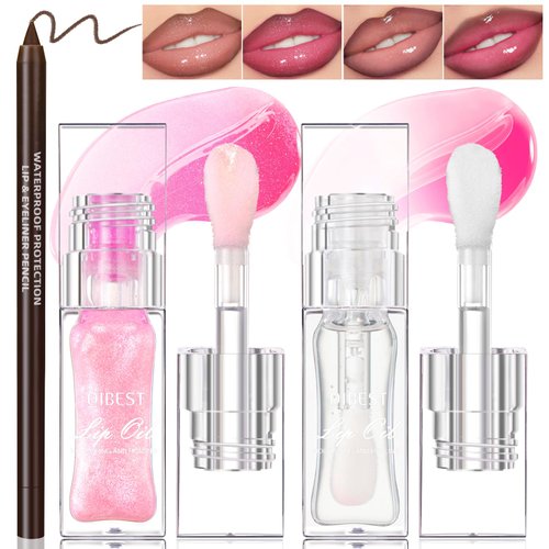 HOSAILY 2PCS Bossup Color Changing Lip Oil, Magic Plumping Glitter Lip Glow Oil with Big Brush & Lip Liner Set, Moisturizing Pink Clear Lip Gloss Makeup, Long Lasting Fresh Texture Lip Care for Women