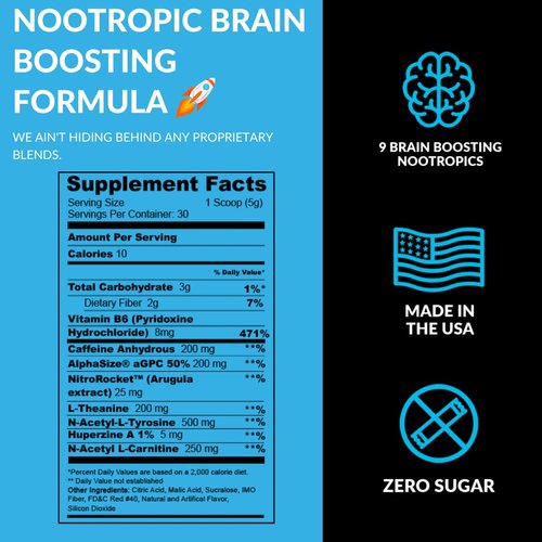 DADORALL Nootropic Powder for Energy and Focus | No Sugar Focus Energy Drink Mix with Nootropic Supplements, 200mg Caffeine, for Adults, 5g Per Scoop, 5.29 Ounces, (Blue Yum, 30 Servings Pack of 1)