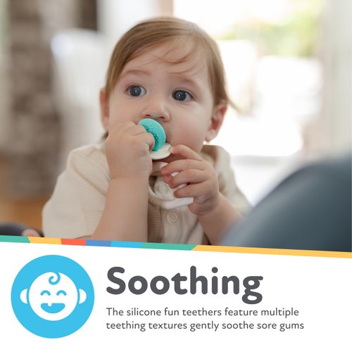 Nuby Silicone Fun Teethers - (2-Pack) Baby Teething Toy - Chick and Tuba Shapes - 3+ Months - Purple and Pink