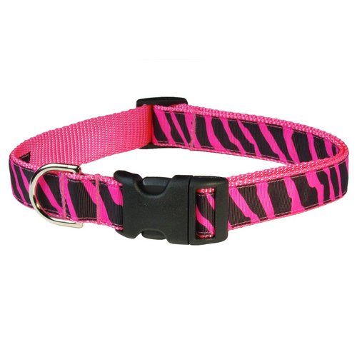 Small Pink Zebra Dog Collar: 5/8" wide, Adjusts 10-14" - Made in USA.