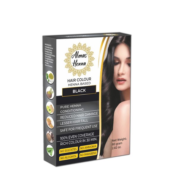 ALMAS HENNA 80 GRAM Hair Color 100% Organic Henna Powder Infused with Goodness of Herbs, Natural Henna Hair Color For Soft Shiny Hair, henna hair dye (2.82 OUNCE, BLACK)