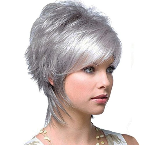ZNI Short Wigs for White Women Grey Hair Wigs for Women with Bangs Natural Cute Pixie Cut Wig Soft Synthetic Hair Wigs for Daily Party ZN006