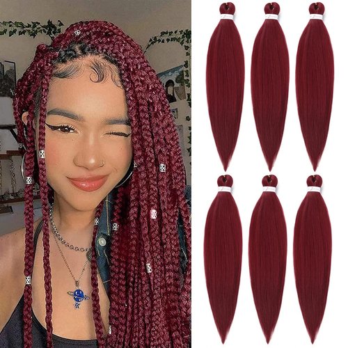 Burgundy Braiding Hair Pre Stretched Wine Red EZ Braiding Hair Yaki Texture 6Pcs/Lot 26 Inches Hot Water Setting Professional Synthetic Braids for Crochet Hair Extensions(#900)
