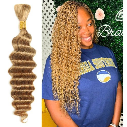Human Braiding Hair For Boho Braids No Weft Deep Wave Bulk Human Hair for Braiding 18Inch-50g Brazilian Virgin Human Hair Extensions Wet and Wavy 27#