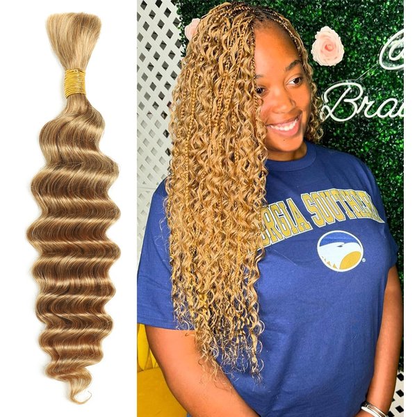 Human Braiding Hair For Boho Braids No Weft Deep Wave Bulk Human Hair for Braiding 18Inch-50g Brazilian Virgin Human Hair Extensions Wet and Wavy 27#