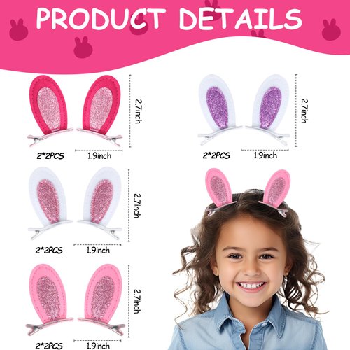 16 Pcs Bunny Ear Hair Clips with Glitter Rabbit Ears, Toddlers Animal Hair Pins Easter Hair Accessories for Girls Hair Clips Kids Costume Party Supplies