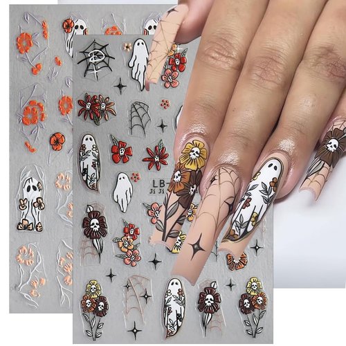 Halloween Nail Stickers Ghosts Nails Decals 5D Embossed Self-Adhesive Halloween Sticker for Nails Skull Floral Flowers Nails Stickers Nail Art Supplies for Women Kids Manicure Nail Decorations 2PCS