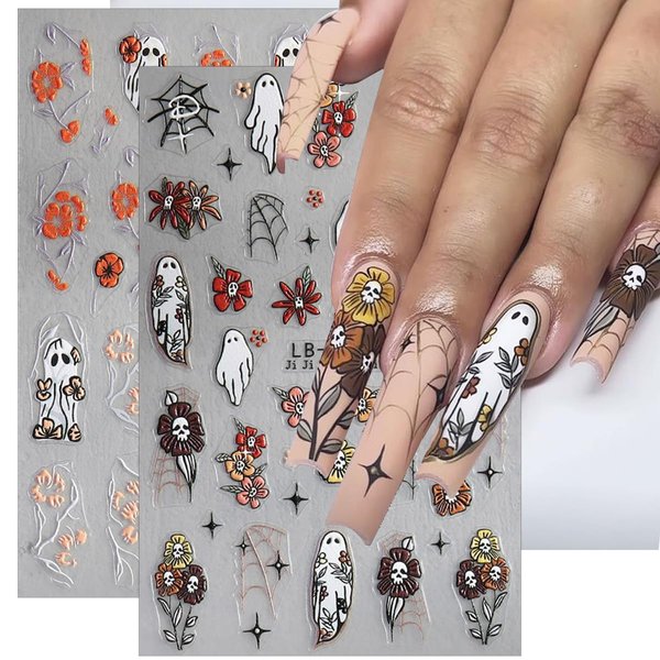 Halloween Nail Stickers Ghosts Nails Decals 5D Embossed Self-Adhesive Halloween Sticker for Nails Skull Floral Flowers Nails Stickers Nail Art Supplies for Women Kids Manicure Nail Decorations 2PCS