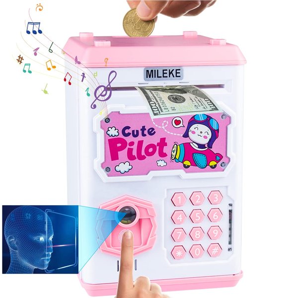 MILEKE Electronic Piggy Bank for Kids Toys, Password + Fingerprint/Face Recognition, ATM Money Bank, Auto Roll-in Cash Safe & Coin Saving Bank, Gift for Christmas & Birthday & Children's Day, Pink