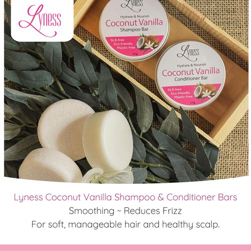 Lyness Coconut Vanilla Shampoo & Conditioner Bar Set | Travel Friendly | Plastic Free | SLS Free | Clean Ingredients