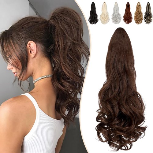 FELENDY 18" Ponytail Extension Small Claw Clip Curly Ponytail Hair Extensions Jaw Clips Long Wavy Pony tail Hairpiece for Women Synthetic Medium Brown