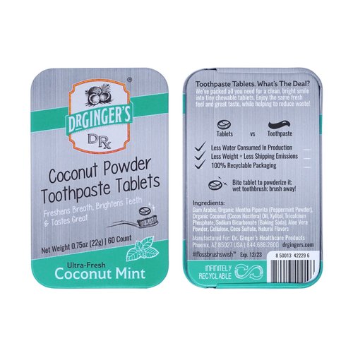 Dr. Ginger's Toothpaste Tablets, Eco-Friendly Travel Chewable Tabs for Gum Health, Fresh Breath & Plaque Prevention, Coconut Mint Flavor, Fluoride-Free, 0.75oz Tin, 60 Tablets